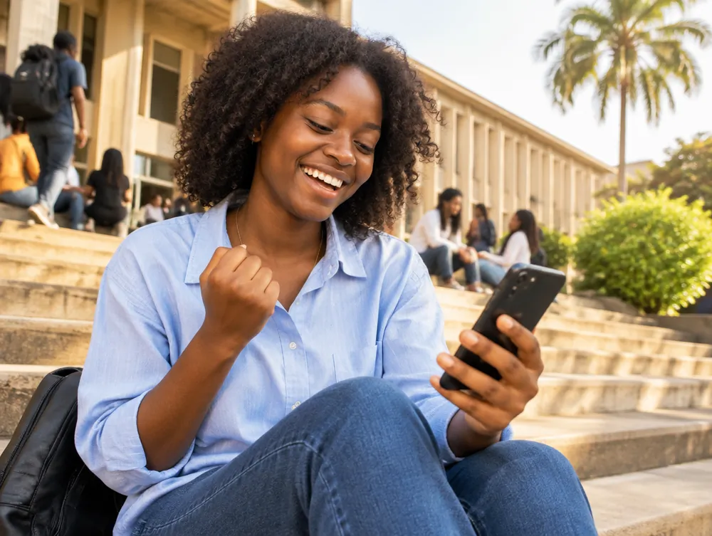 Étudiante souriante qui vient de payer ses frais sur son téléphone